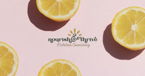 Nourish & Thrive logo on a soft pink background patterned with halved lemons | Katie Lovitt, Gut Health Nutrition Specialist near Dallas, TX