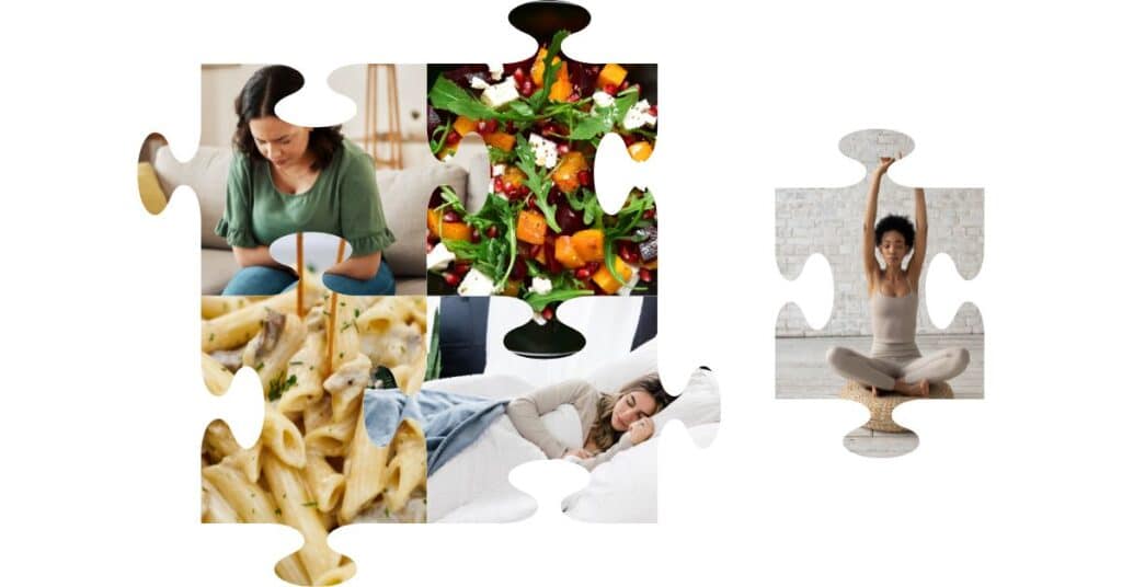 Puzzle pieces with images in them showing different necessities for optimal gut health and reducing IBS symptoms, like sleep, mindset, food
