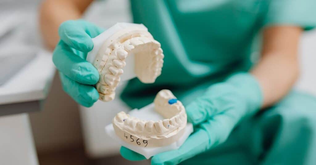 A dental hygienist's gloved hands hold open a clay model of a mouth, how oral health affects overall health