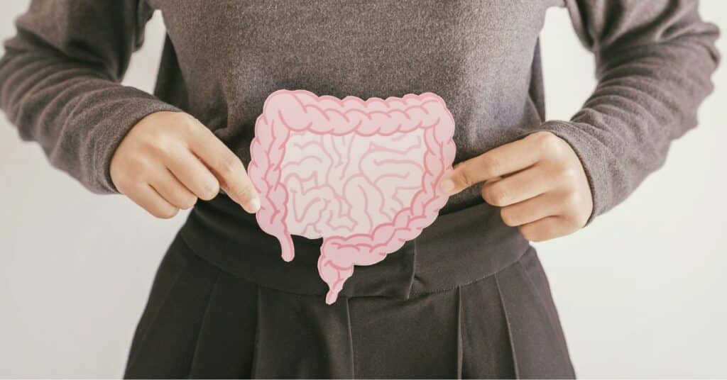 A woman holds a paper cutout of a gut up to her stomach, does gut health affect weight